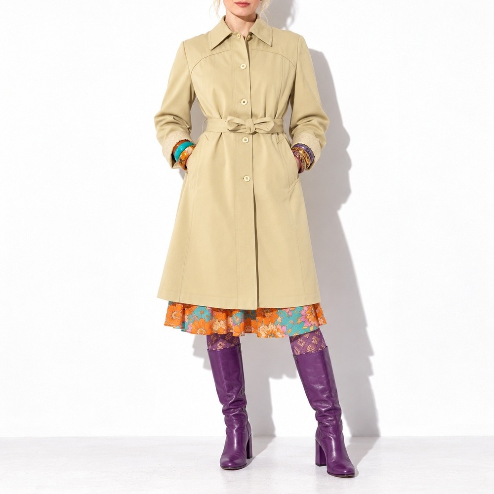 70s Vintage Beige Trench Coat Womens L Belted Paisley Button Front Longline Mod